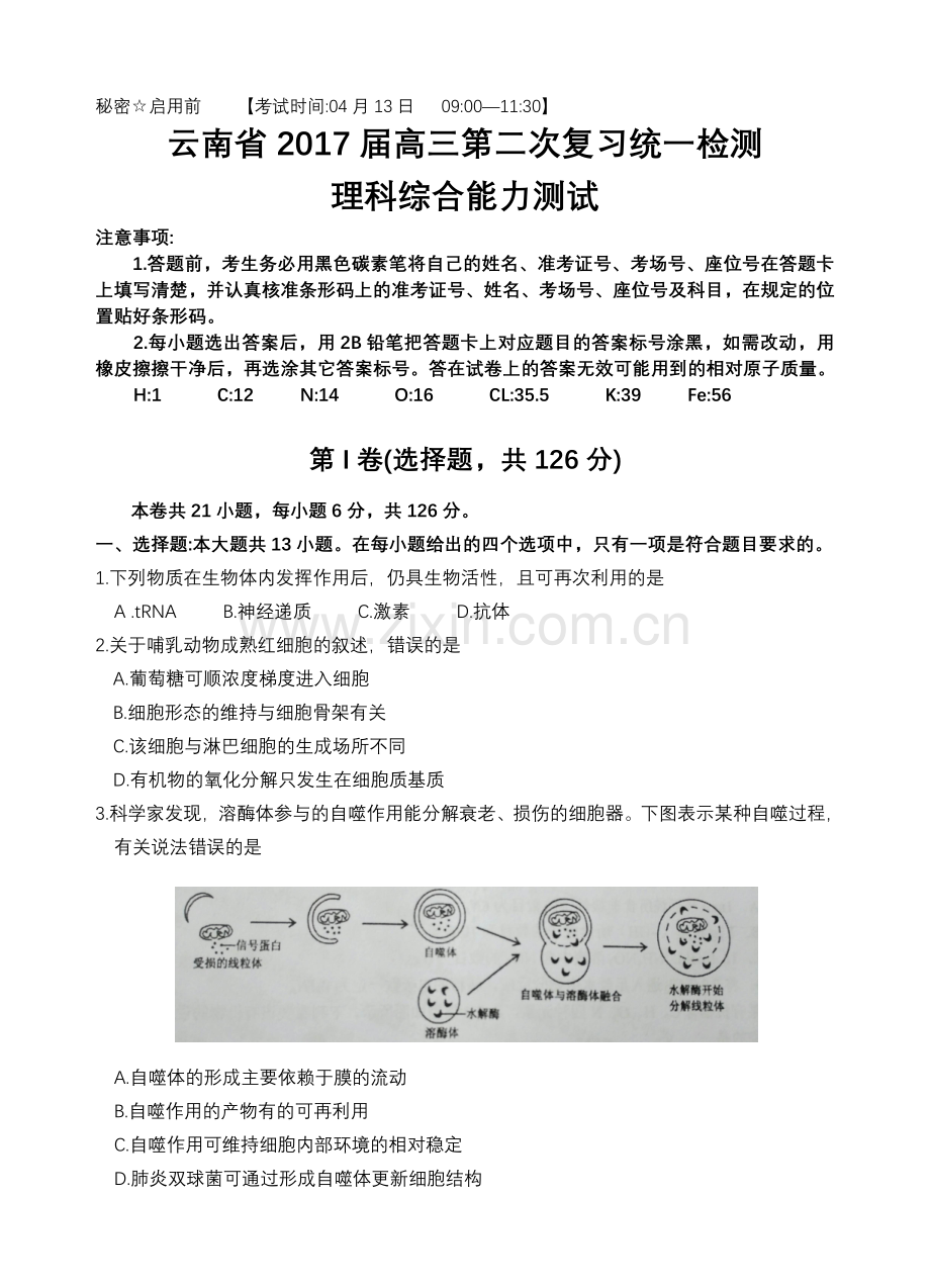 云南省2017届高三第二次复习统一检测理科综合能力测试.doc_第1页