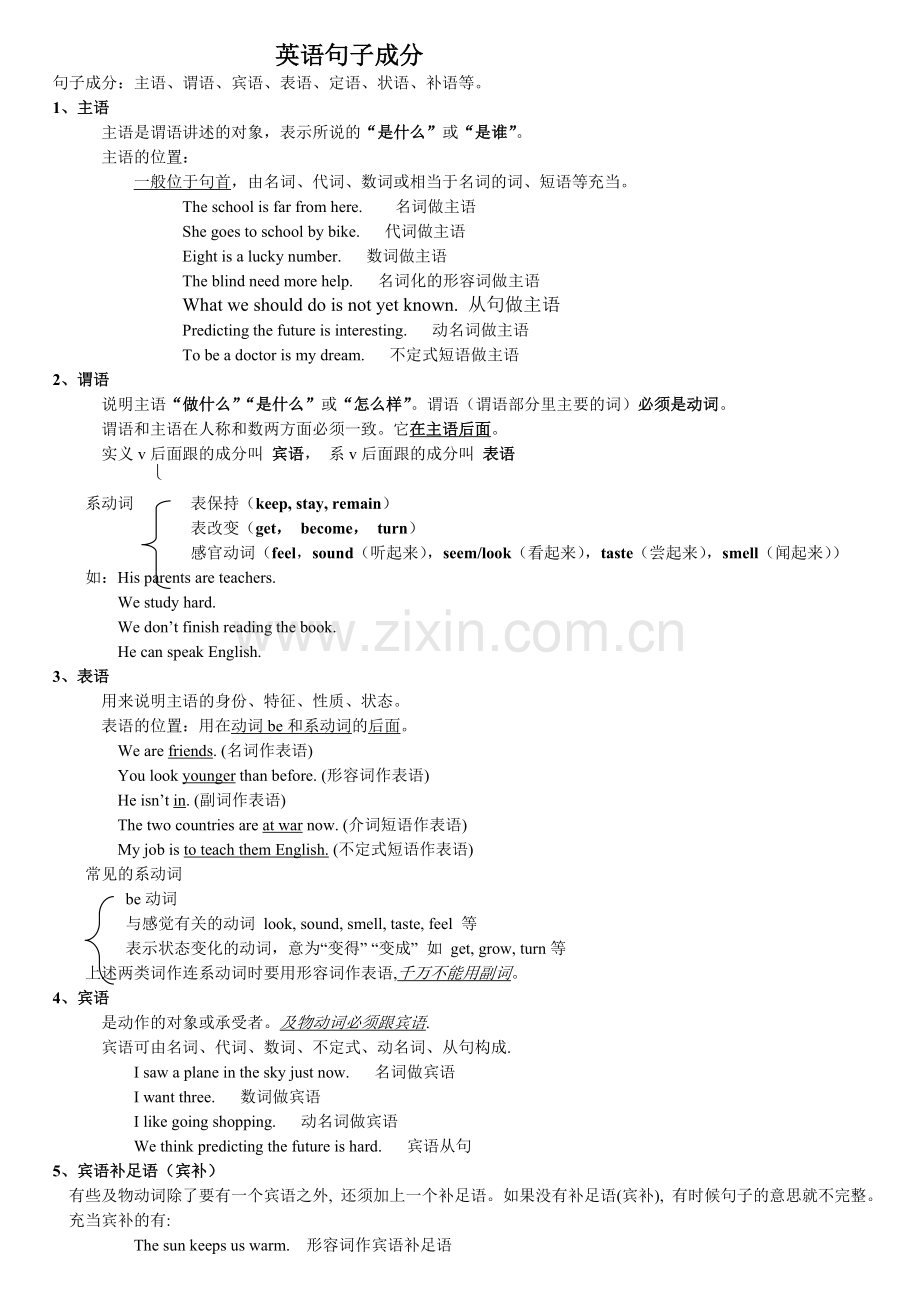 初中英语语法——句子成分讲解和及时练习.doc_第1页