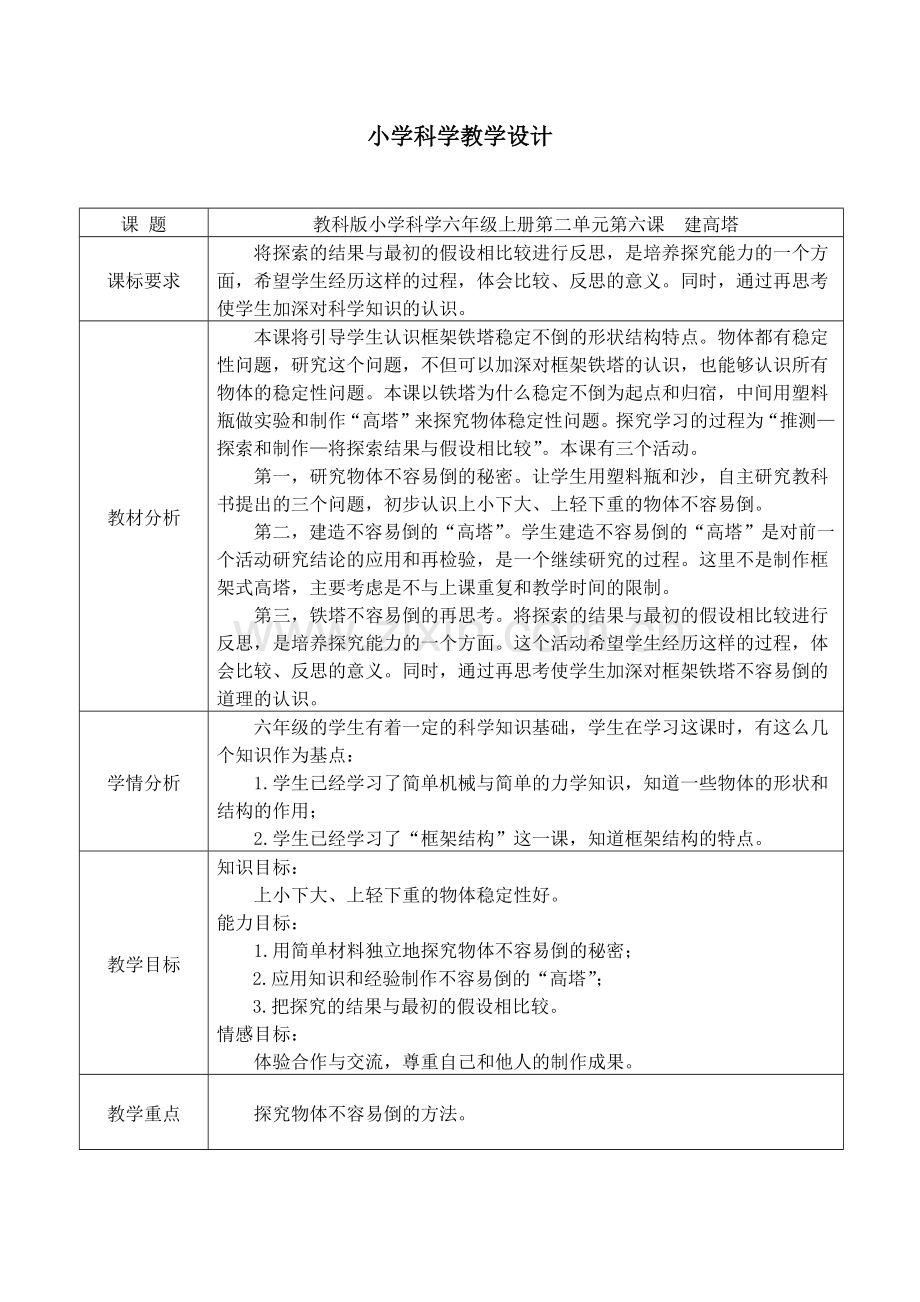 教科版小学科学六年级上册第二单元《建高塔》教学设计.doc_第1页