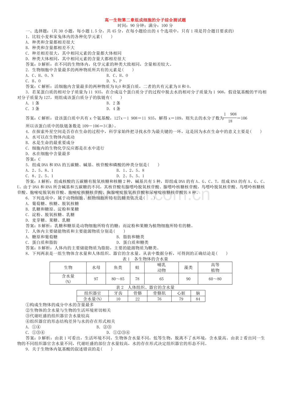 第二章组成细胞的分子综合测试题.doc_第1页