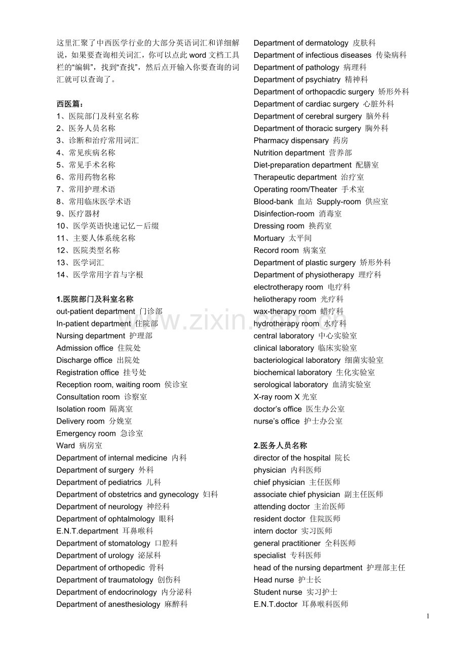 医学英语翻译常用专业词汇.doc_第1页