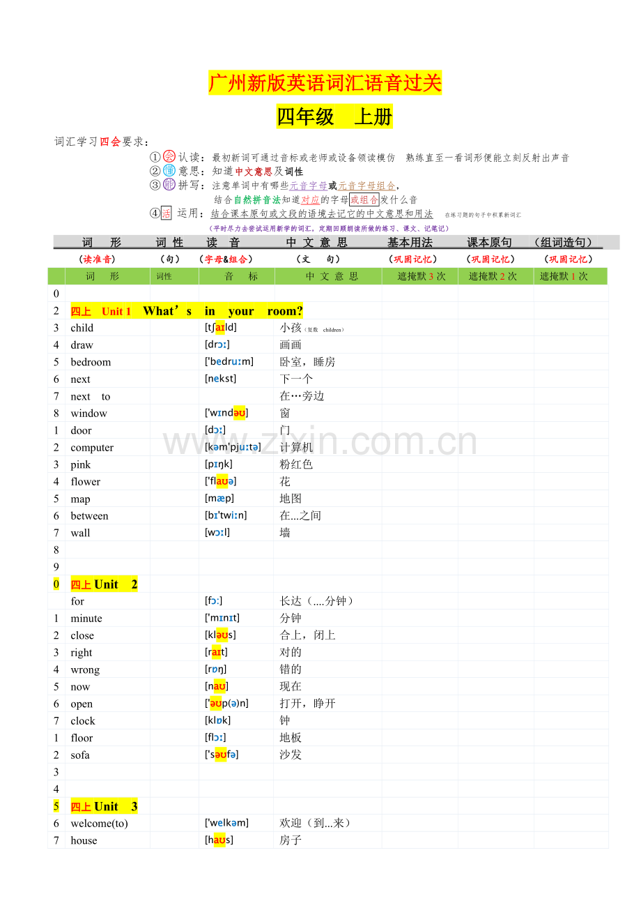 广州新版四年级上英语单词表含音标.doc_第1页