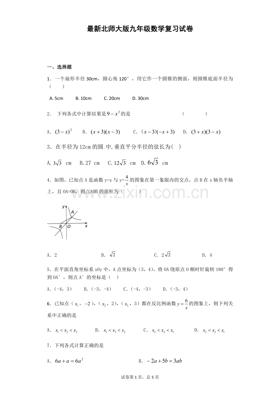 北师大版九年级数学复习试卷.doc_第1页