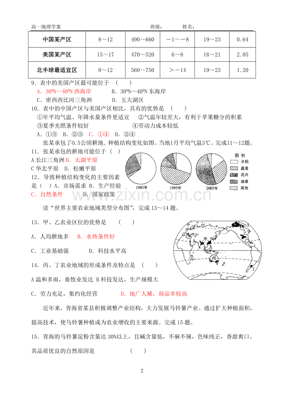 高中地理必修二单元复习测试题第三章.doc_第2页