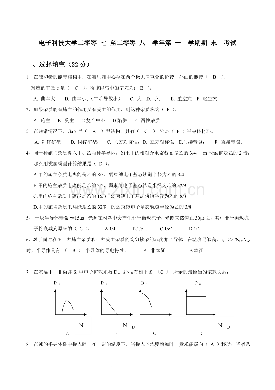 2008半导体物理期末考试试卷A-参考答案与评分标准.doc_第1页