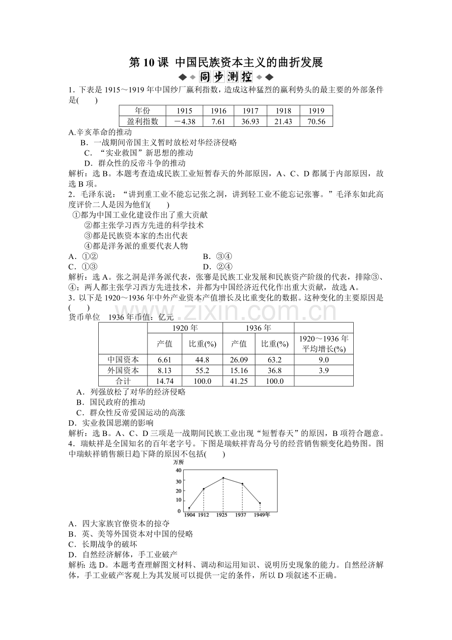 第10课民族资本主义的曲折发展课时演练(人教版必修2).doc_第1页