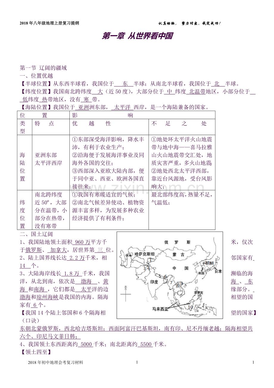 2018年人教版八年级地理上册复习提纲.doc_第1页