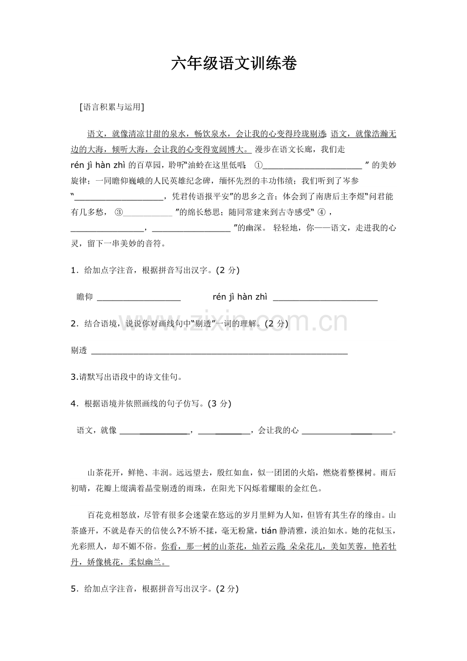 六年级语文下册课外积累阅读训练卷.doc_第1页