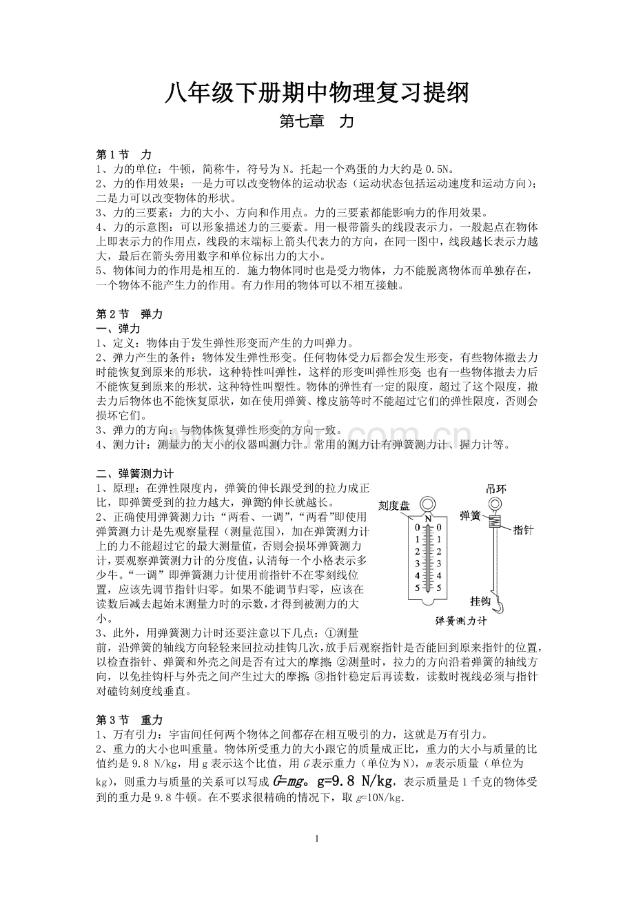 新人教版八年级下册期中物理复习提纲.doc_第1页