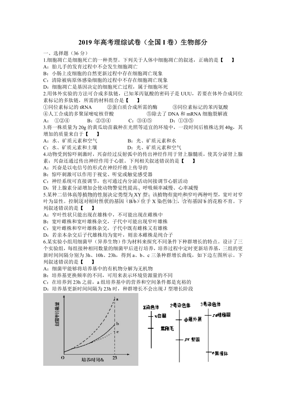 2019年高考理综试卷(全国一卷)生物部分.doc_第1页