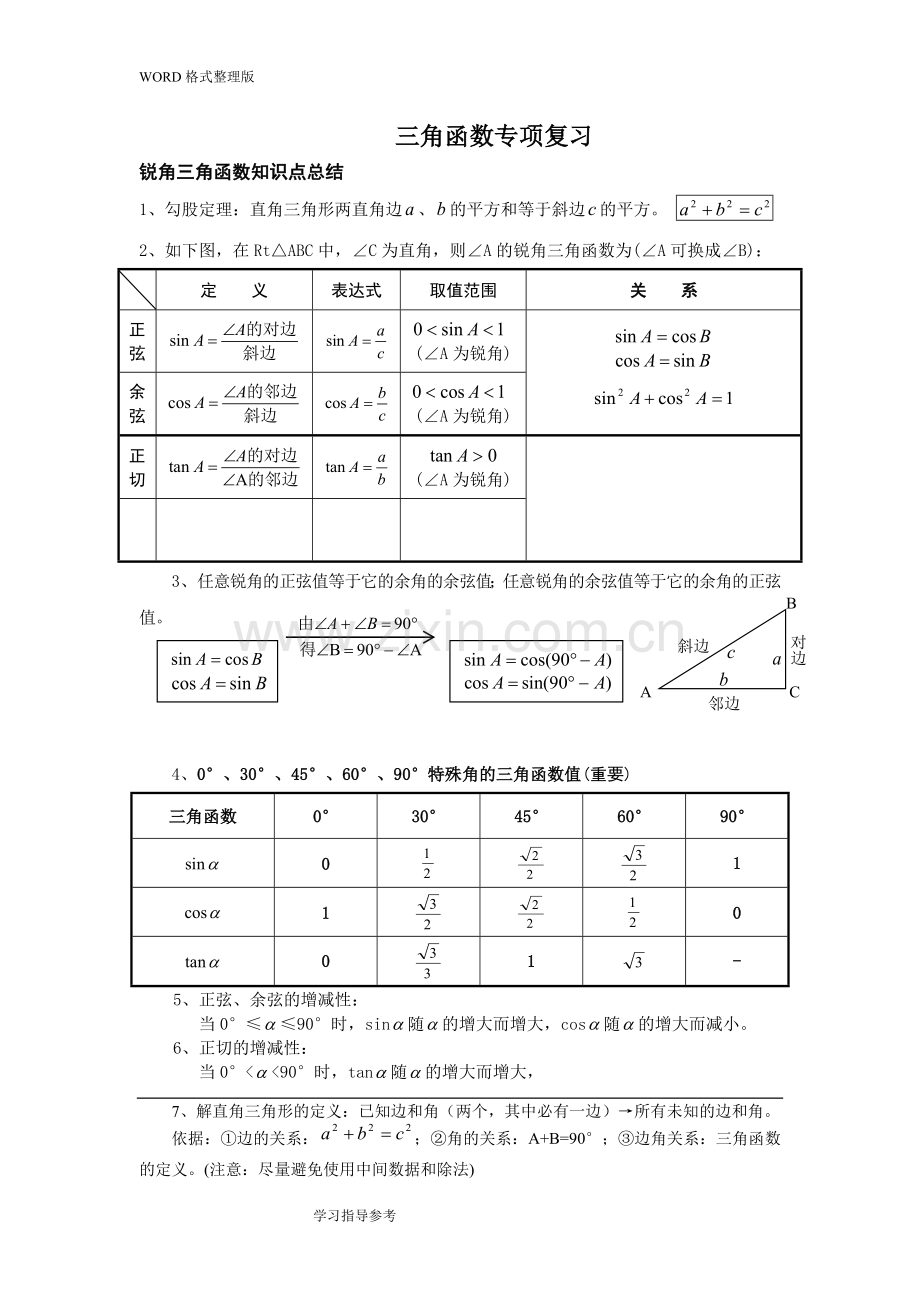 初三年级锐角三角函数知识点总结、典型例题、练习[]09271.doc_第1页