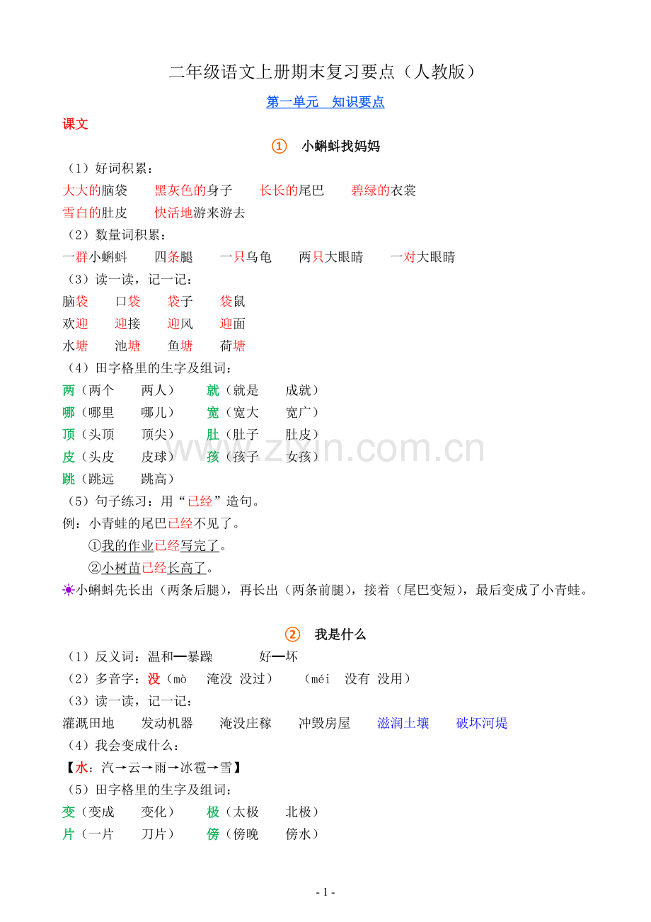 -二年级语文上册期末复习要点(人教版).doc_第1页