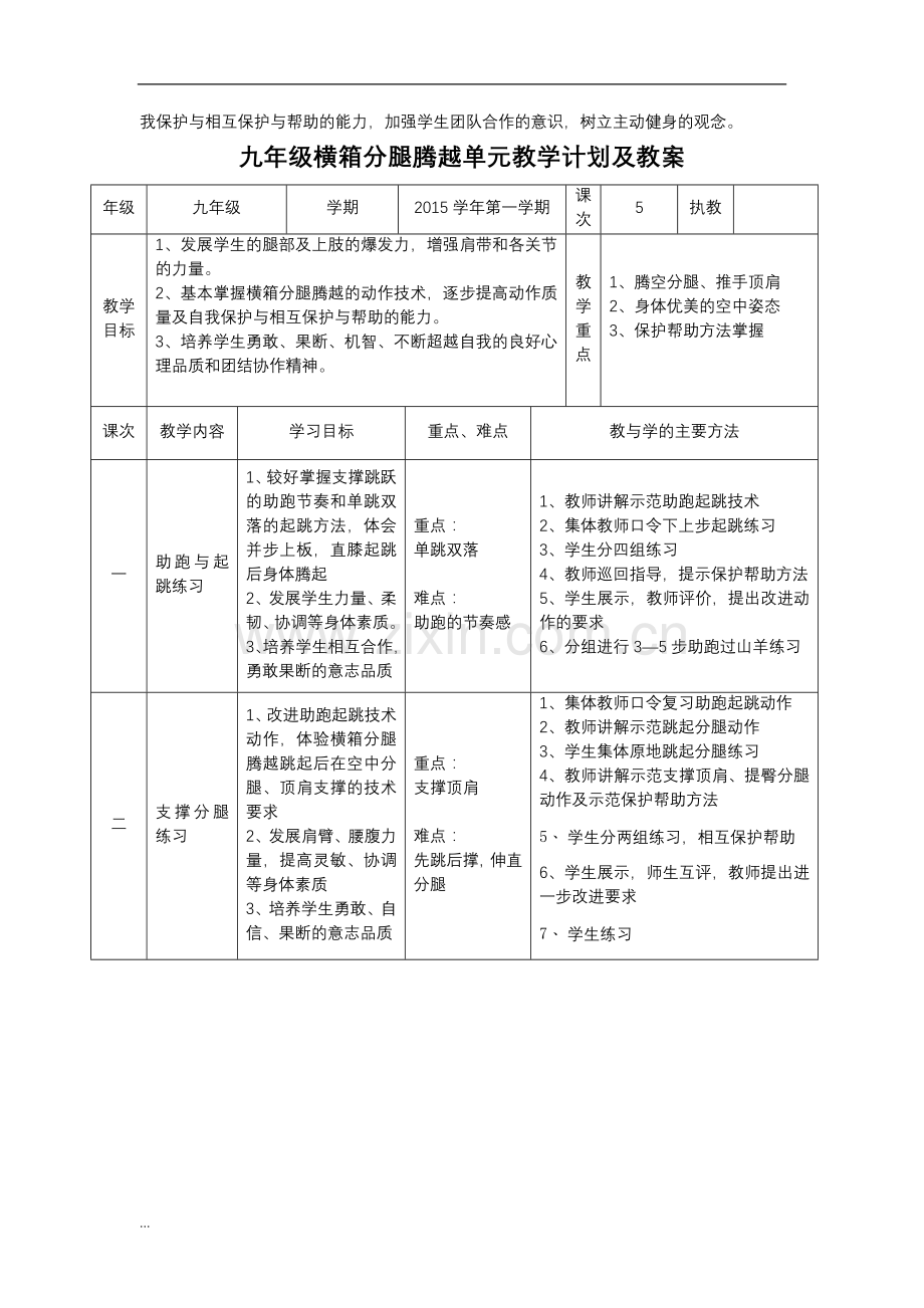 初三横箱分腿腾越单元计划及教案.doc_第2页