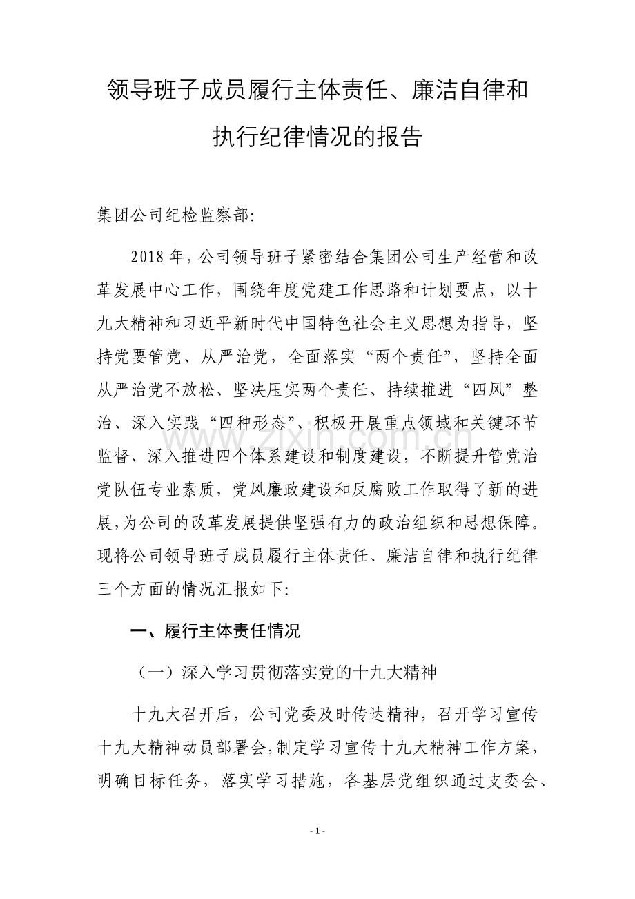 领导班子成员履行主体责任、廉洁自律和执行纪律情况的报告.doc_第1页