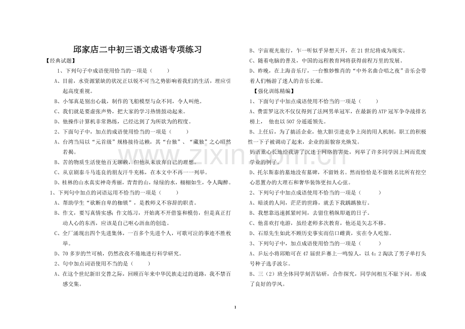 某某中初三语文成语专项练习.doc_第1页