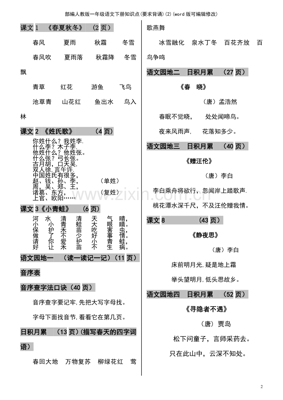 部编人教版一年级语文下册知识点(要求背诵)(2).pdf_第2页