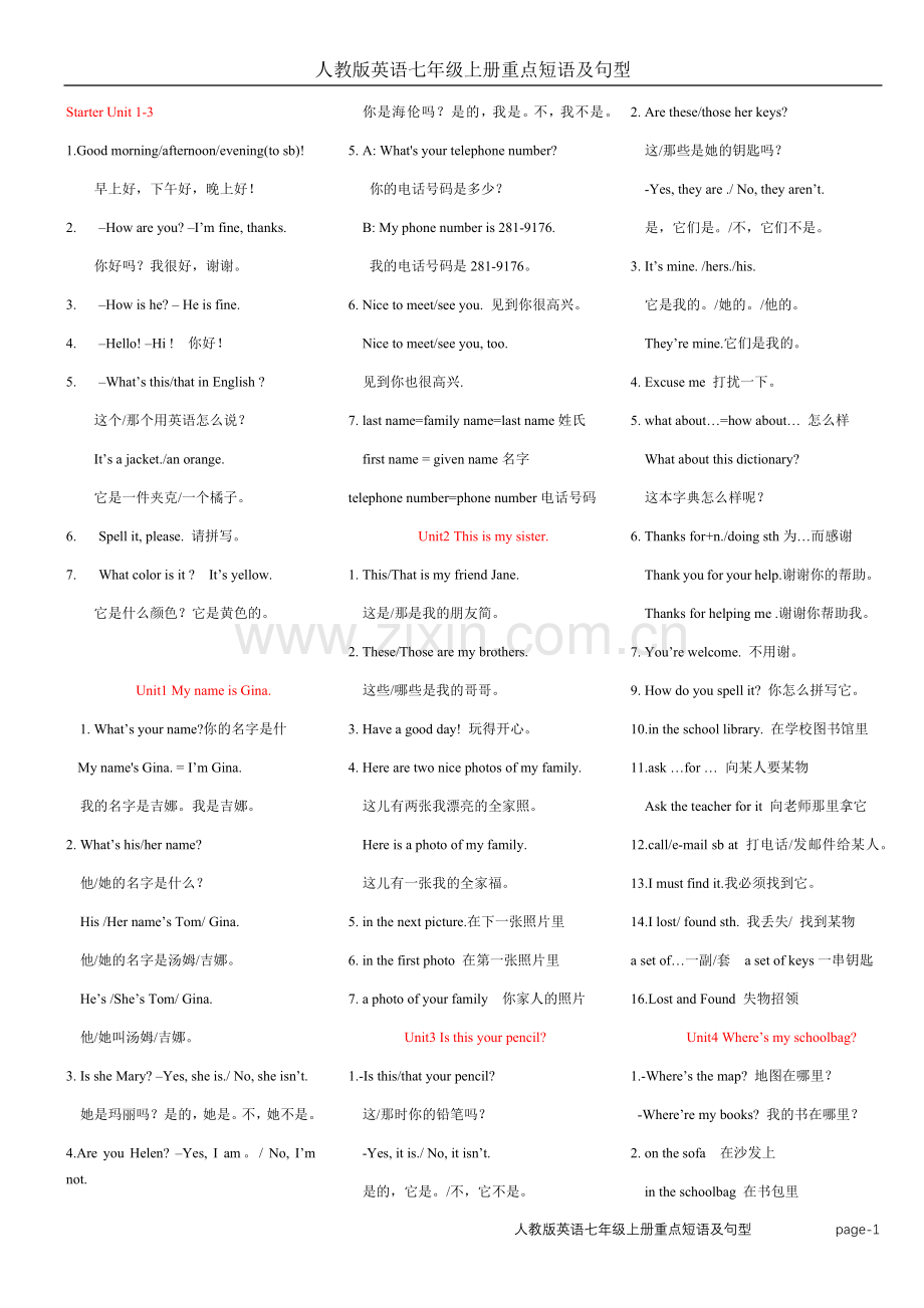 人教版英语七年级上册重点短语及句型.doc_第1页