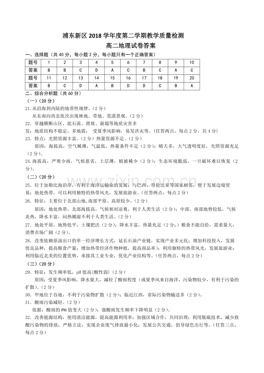 2019年浦东新区高二地理等级考模拟试卷参考答案.doc_第1页