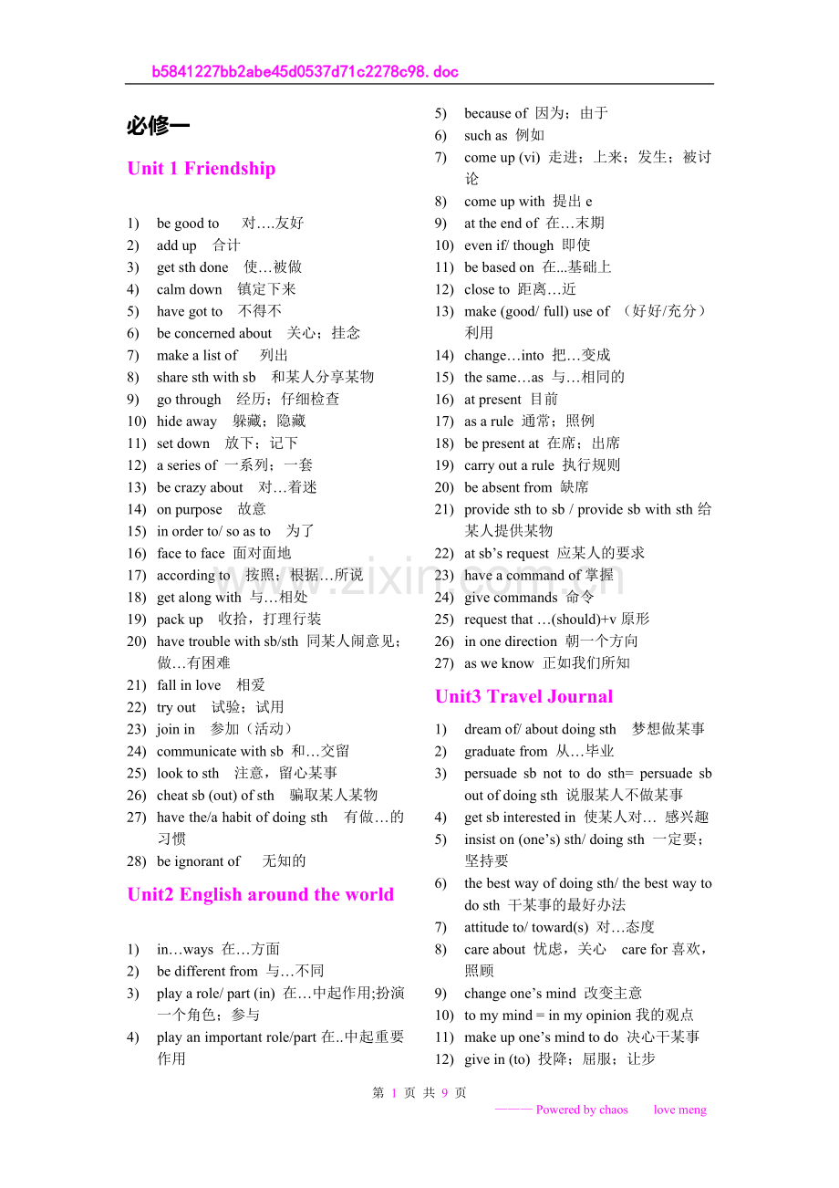 人教版高中英语必修一至必修五重点词组精心归纳.doc_第1页