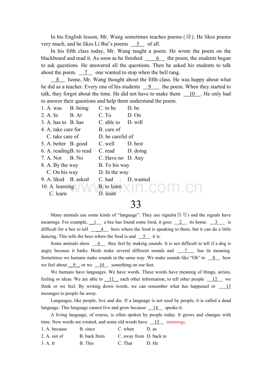 初中英语完形填空100篇(四)配答案详解.doc_第2页