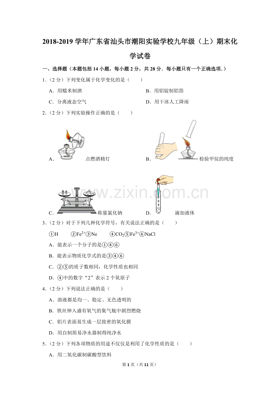 2018-2019学年广东省汕头市潮阳实验学校九年级(上)期末化学试卷.doc_第1页