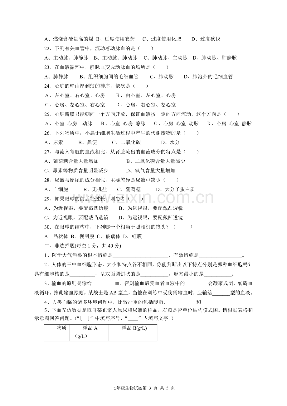 新人教版初中七年级生物下册试题附答案.doc_第3页