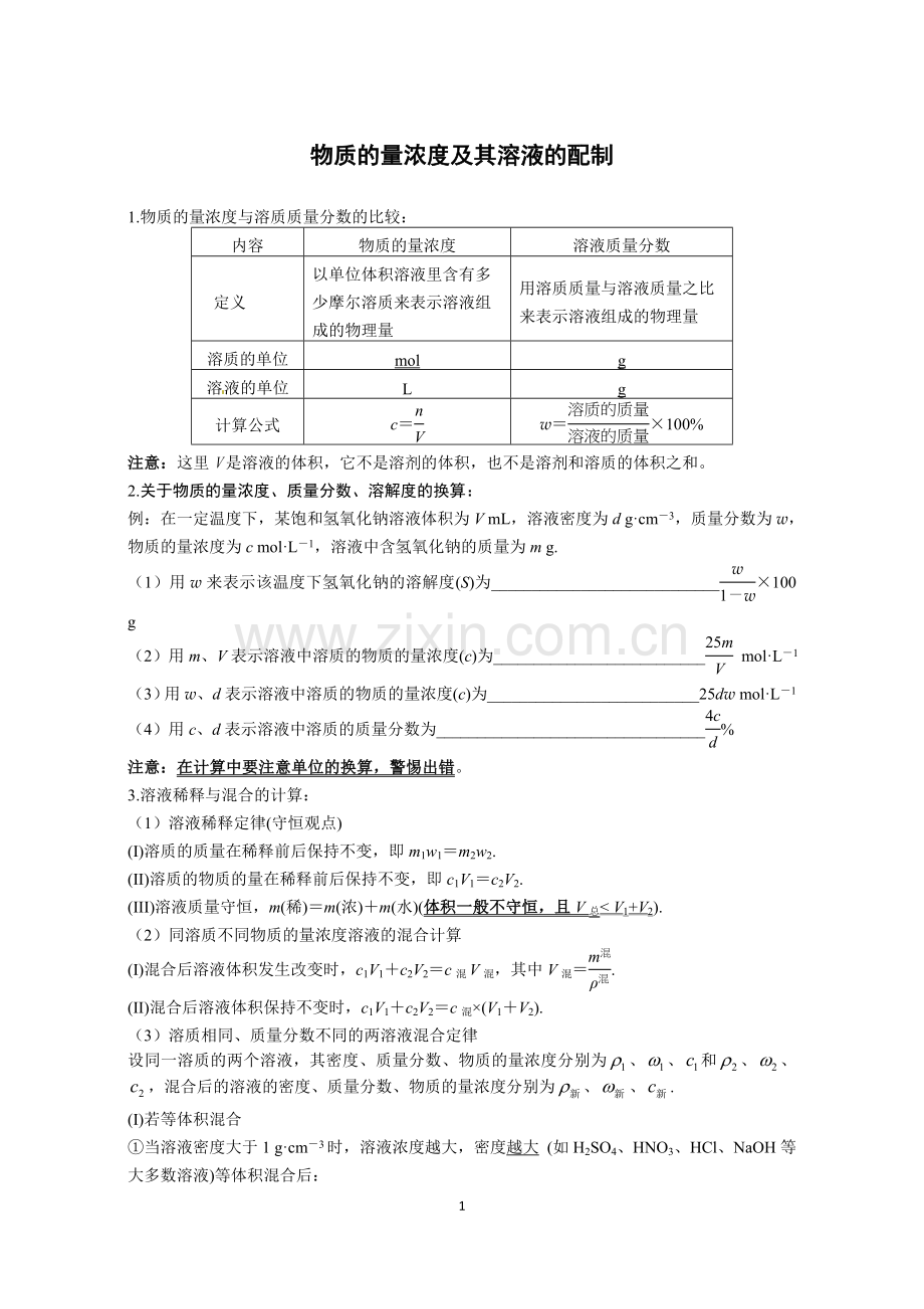 上海高中化学物质的量浓度及其溶液的配制总结.doc_第1页