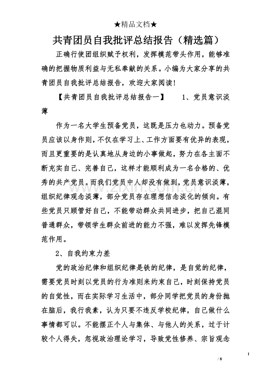 共青团员自我批评总结报告.doc_第1页