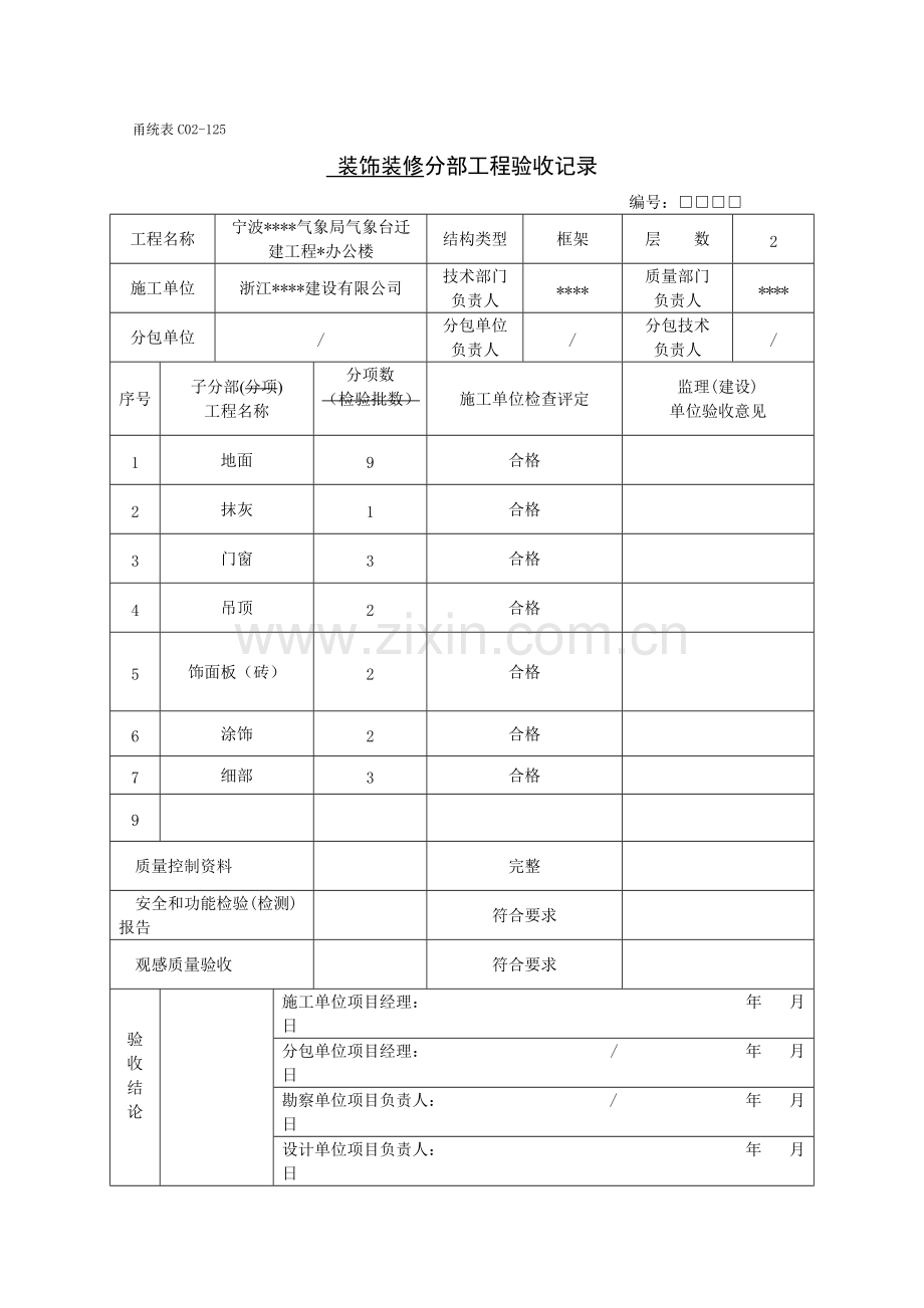 噶米宁波某办公楼装饰工程分部(子分部)分项工程验收记录表(全套-范例)[1]226.pdf_第1页