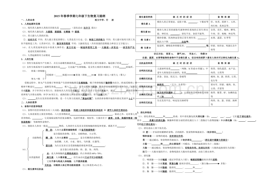 新人教版生物七年级下册知识点填空题.doc_第1页