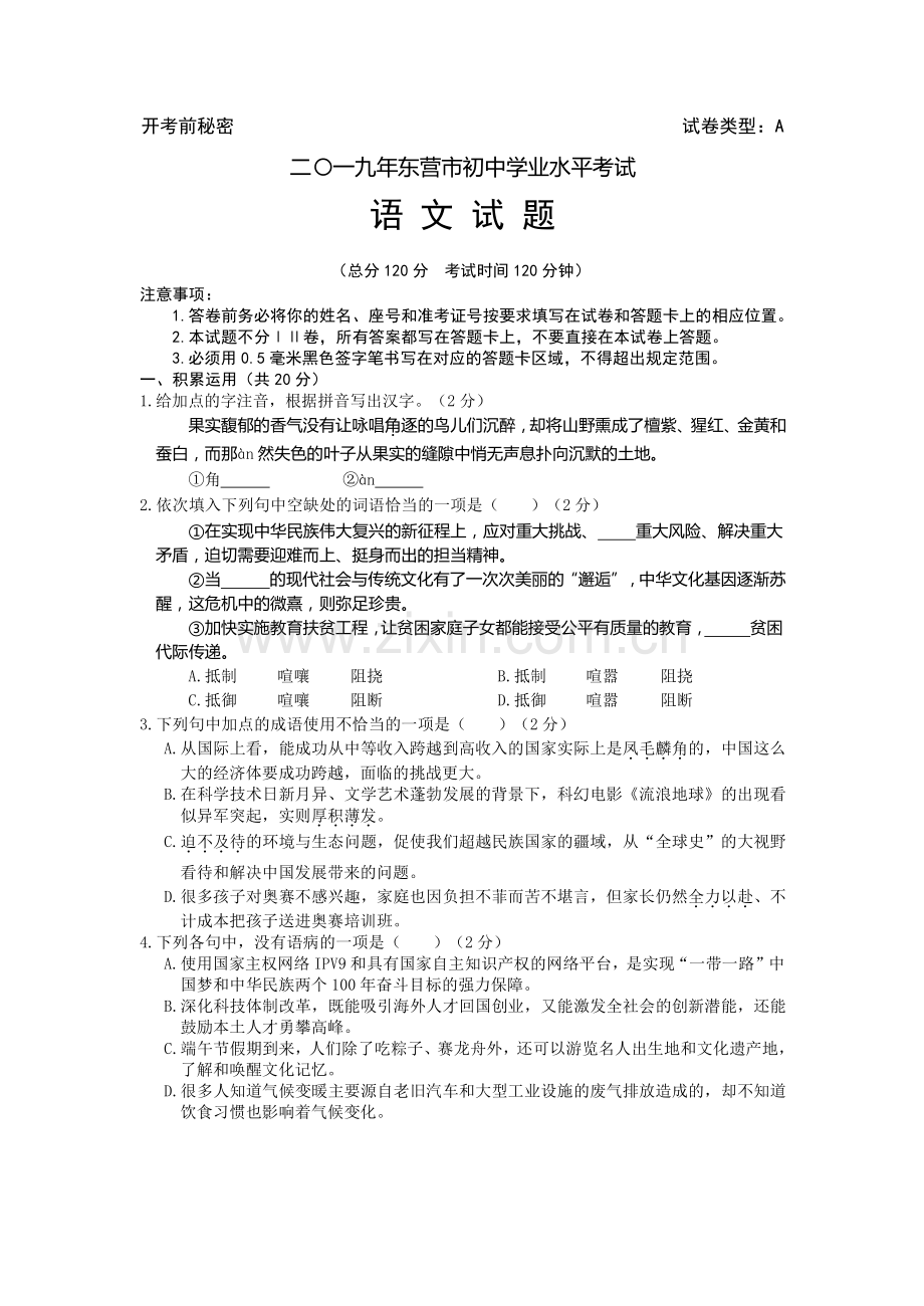 2019年山东省东营市中考语文试题(word版-含答案).doc_第1页