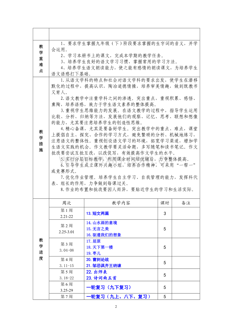 部编九年级语文(下)教学计划(2).doc_第2页