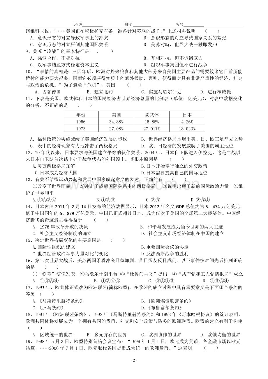 【人民版】专题九-当今世界政治格局的多极化趋势(单元检测试题).doc_第2页