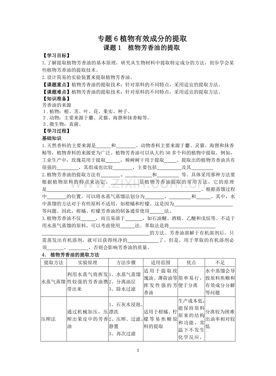 植物芳香油的提取学案(附答案).doc_第1页