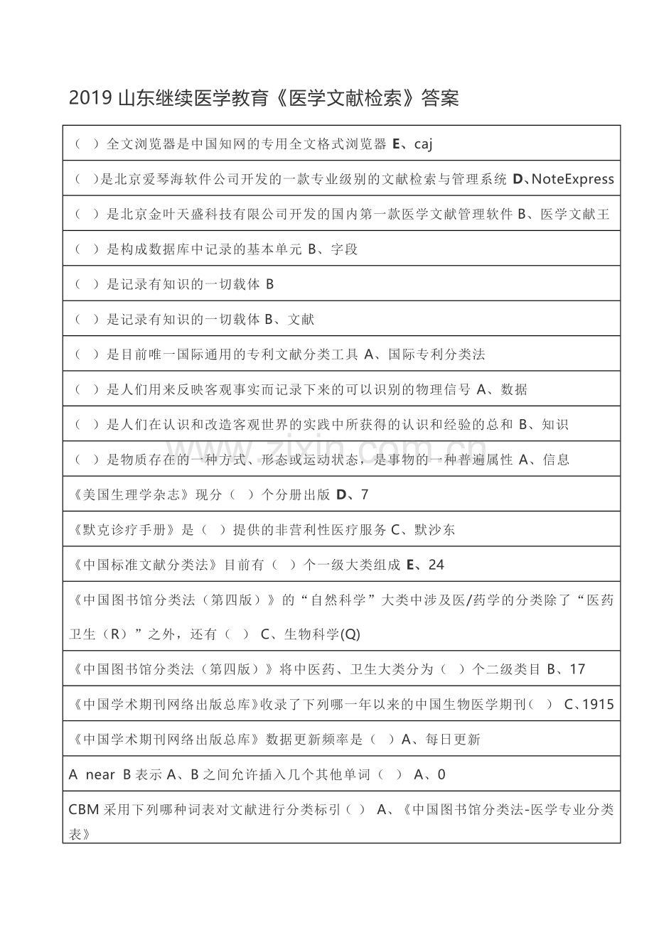 2019山东继续医学教育《医学文献检索》答案.doc_第1页