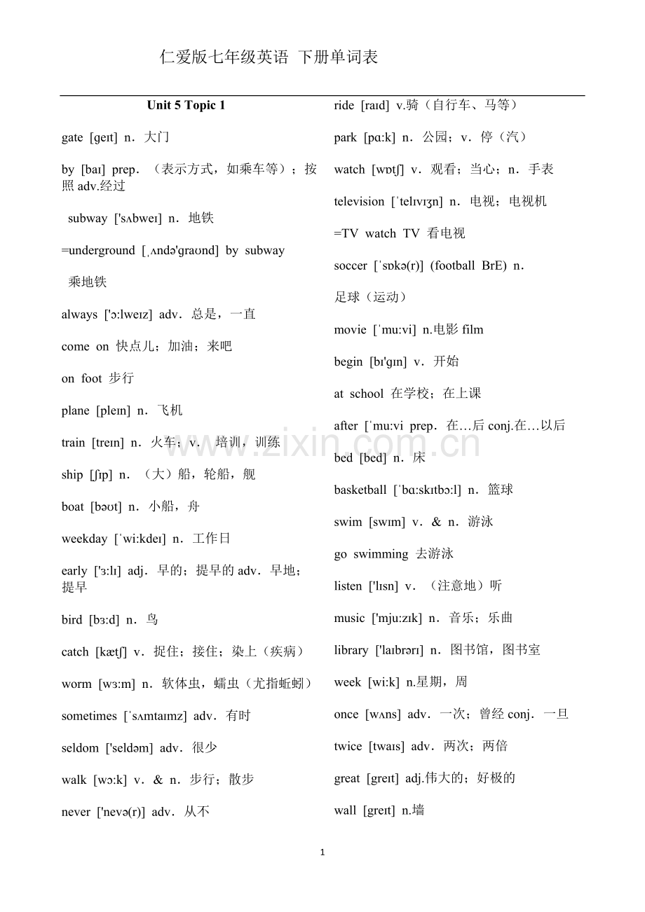 仁爱版七年级英语-下册单词表带音标.doc_第1页