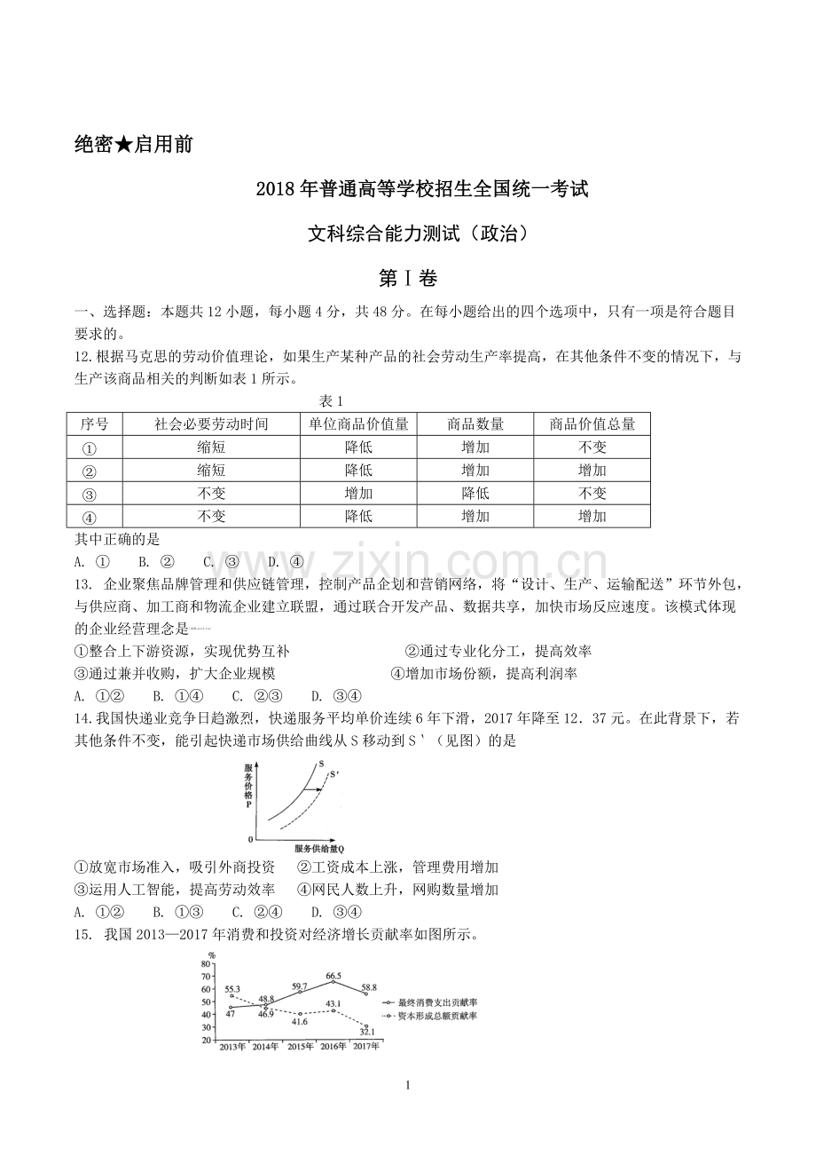 2018年全国卷1政治试题及答案.doc_第1页