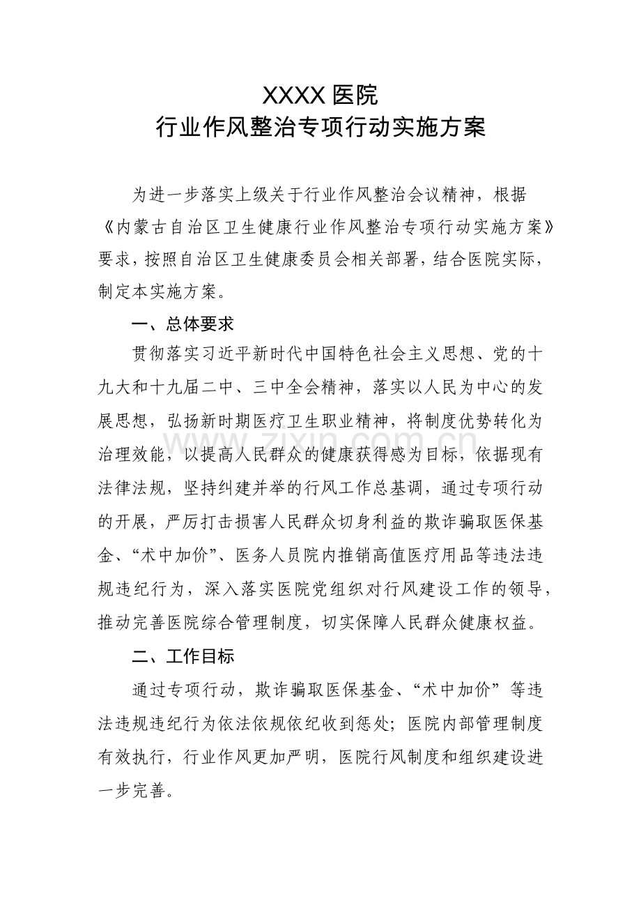 XXX医院行业作风建设整治专项行动实施方案.doc_第1页