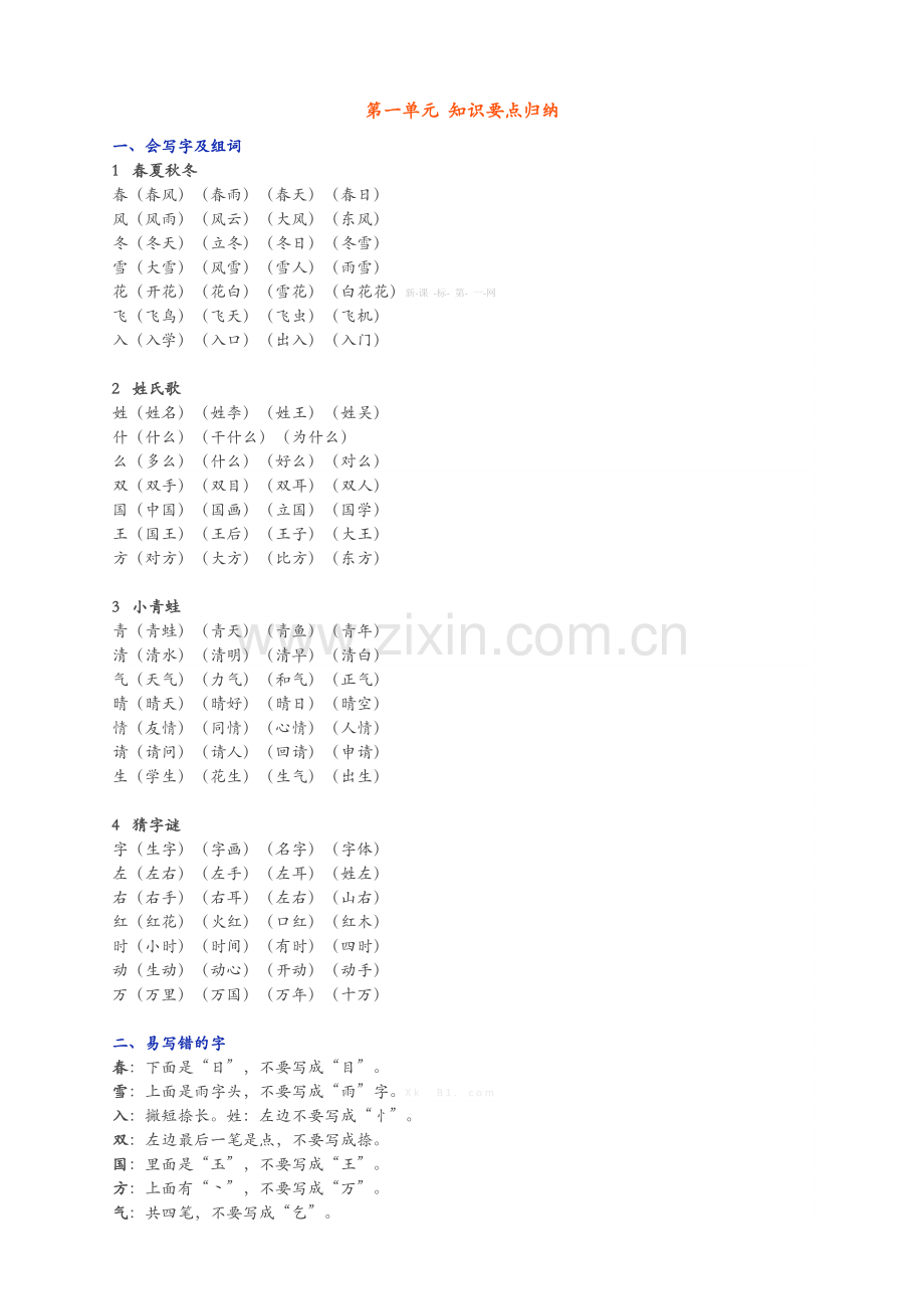 一年级下册语文单元知识点归纳.doc_第1页