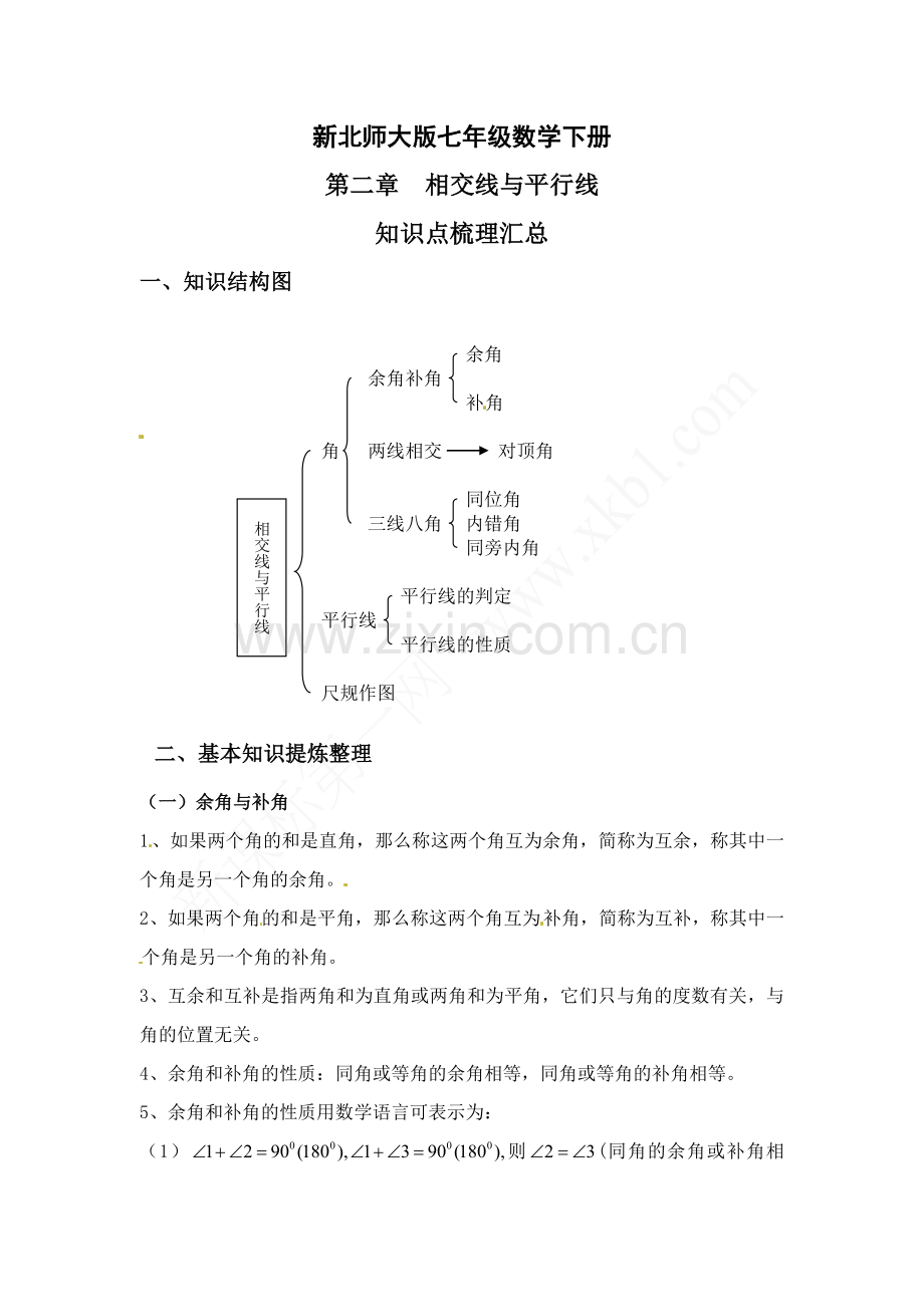 -新北师大版七年级数学下册第二章相交线与平行线知识点梳理汇总.doc_第1页