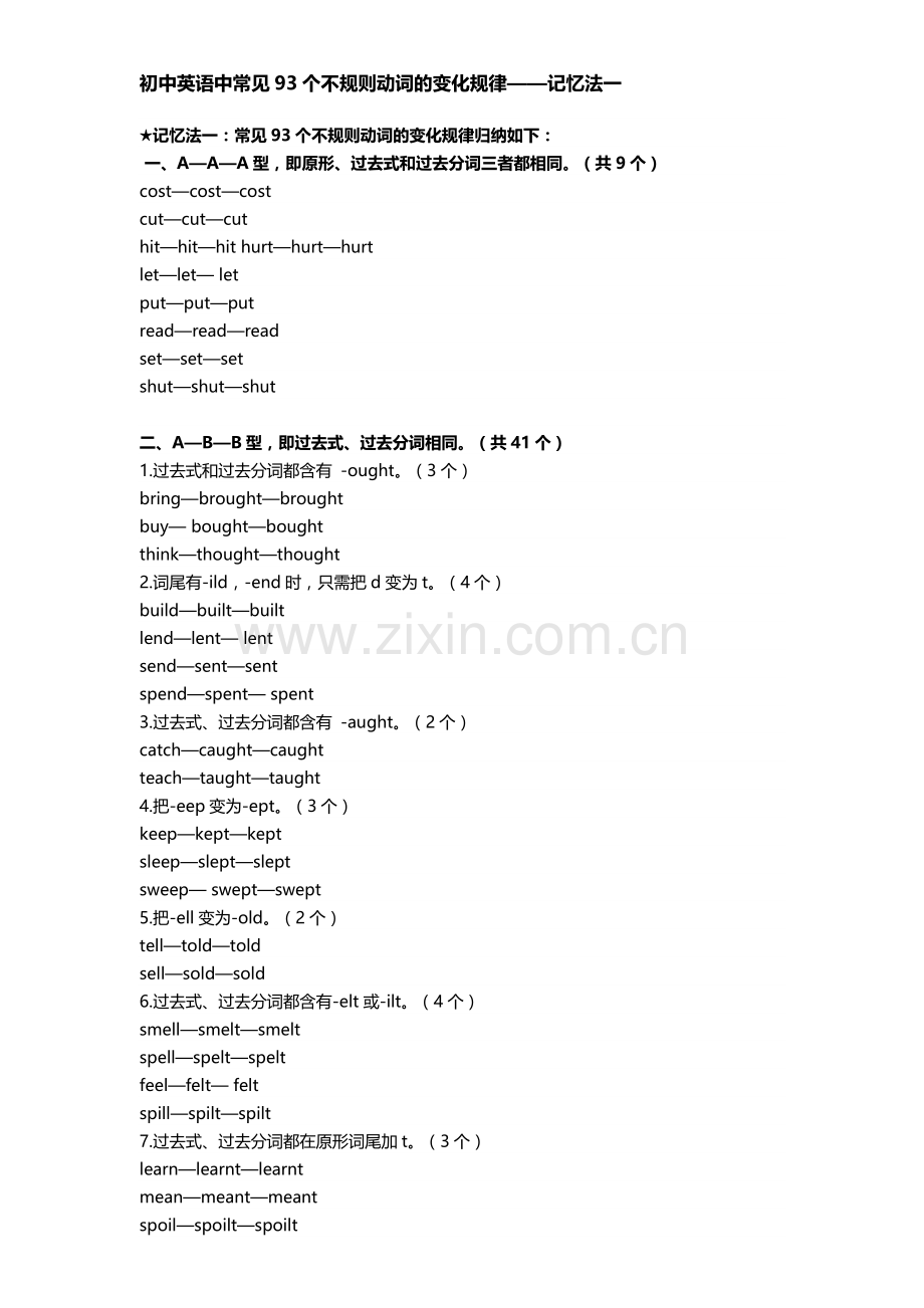 初中英语中常见93个不规则动词的变化规律.doc_第1页