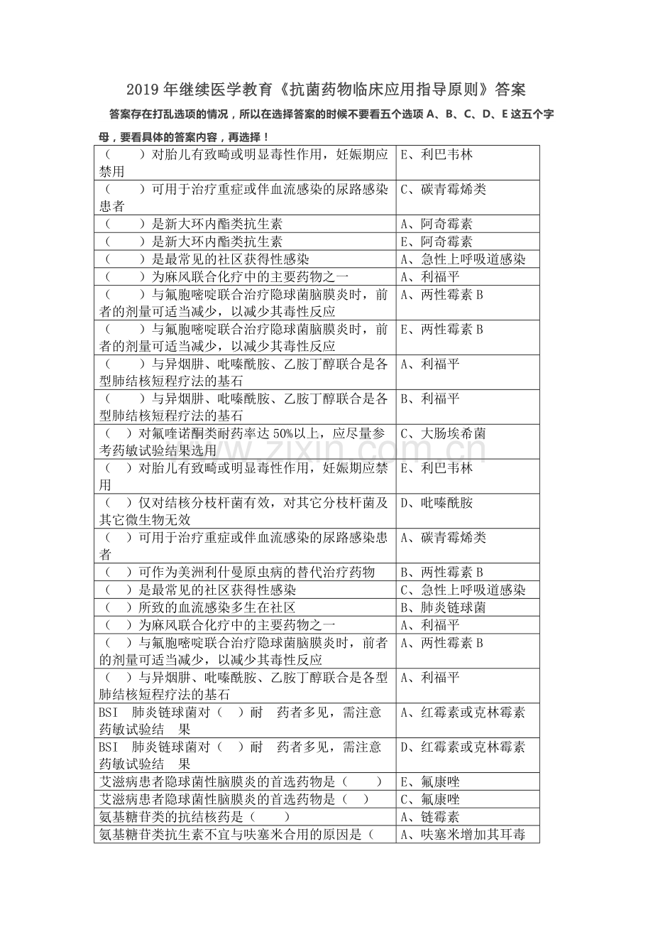 2019年继续医学教育《抗菌药物临床应用指导原则》答案.doc_第1页