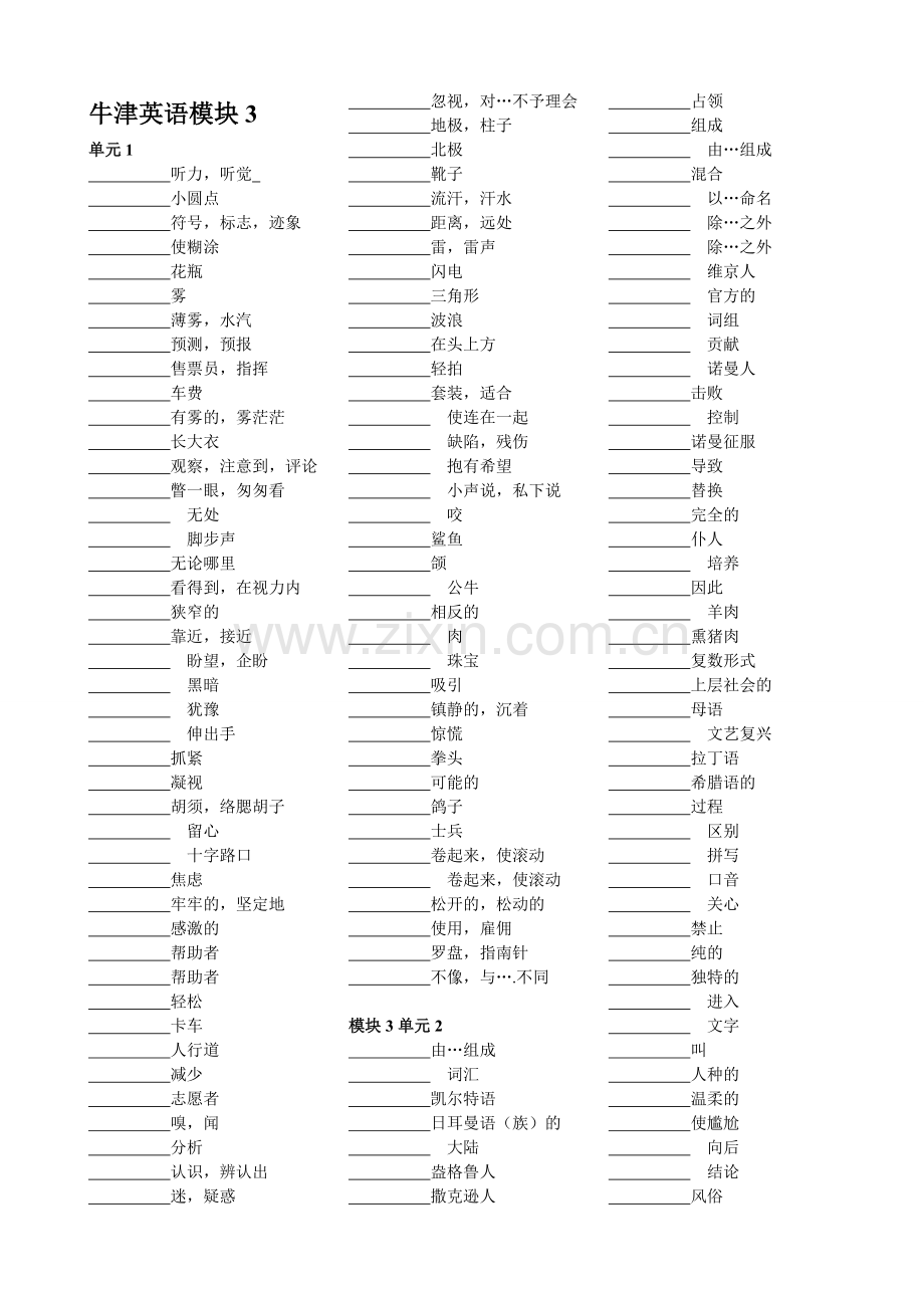 牛津高中英语模块3单词表英汉对照默写版本.doc_第1页