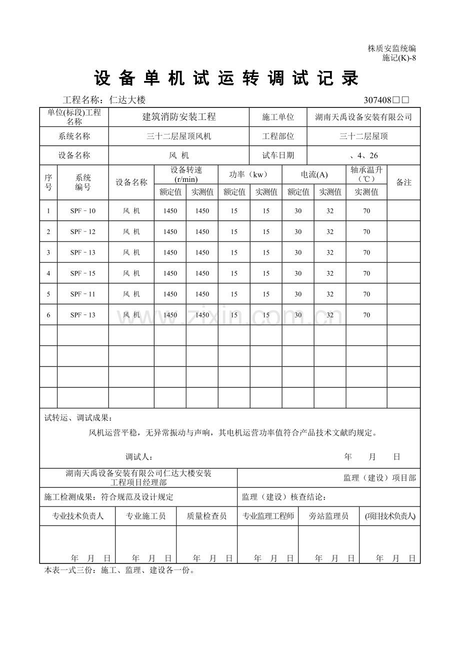 设备单机试运转调试记录.doc_第1页