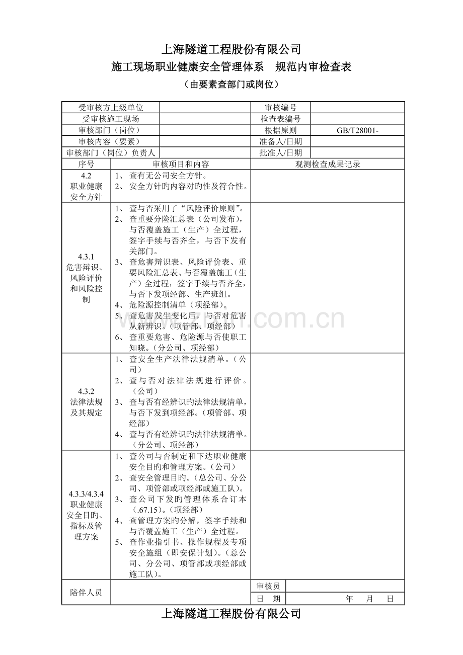 内审员职业健康安全体系检查表.doc_第1页