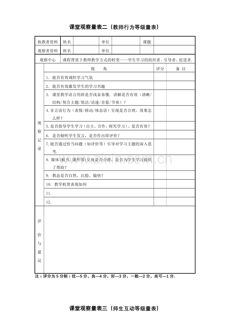 课堂教学观察量化表含学生活动等级量表教师行为等级量表师生互动等级量表教师的提问及解决方式学生.doc_第2页