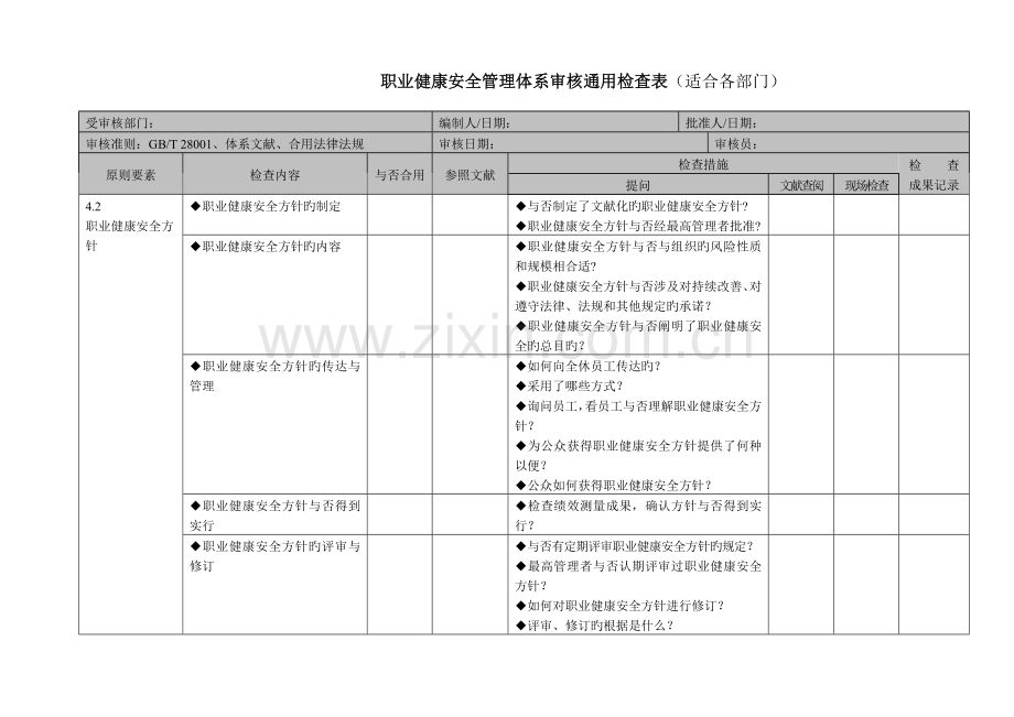 (OHSAS1800、GB28001)职业健康安全管理体系审核检查表(通用版).doc_第1页