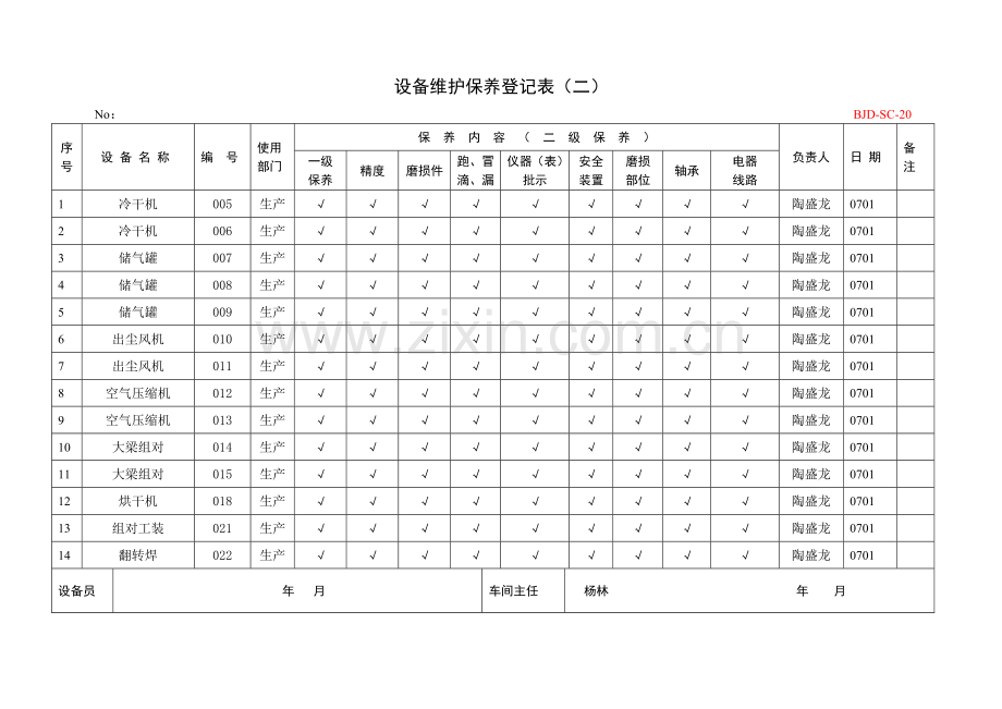 设备维护保养记录表二.doc_第1页