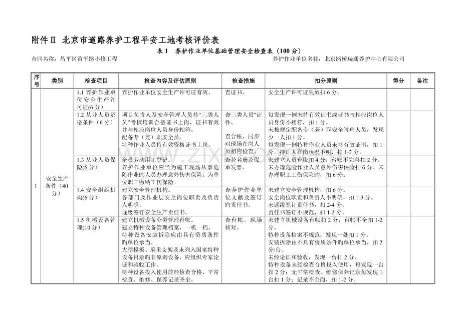 北京市道路养护工程平安工地考核评价表.doc_第1页