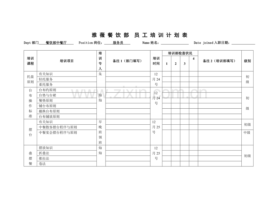 餐饮部管理与服务技能培训--培训计划表.doc_第1页